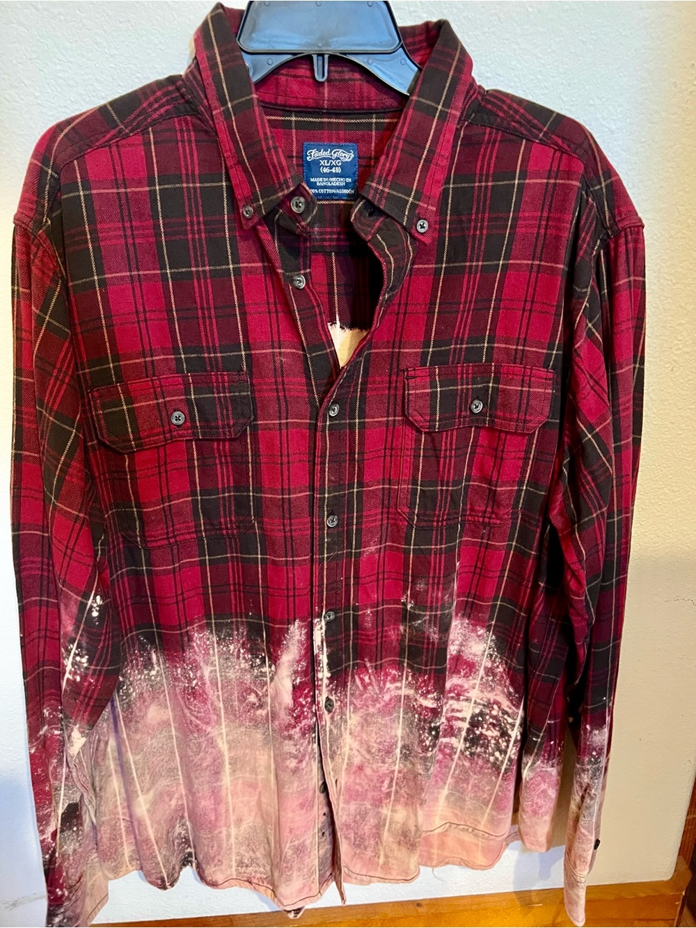 Upcycled Red Plaid Button-Up Shirt with Distressed Hem -